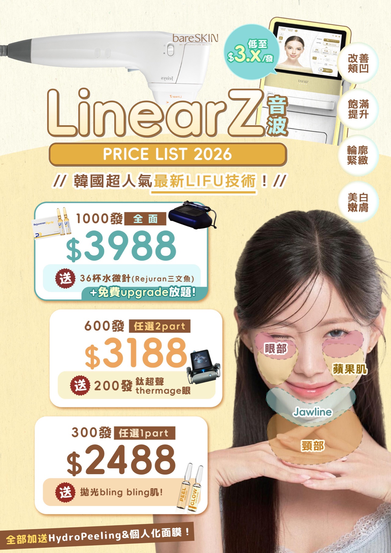 LinearZ音波2026首次體驗價目：300發任選1個部位、600發任選2個部位、1000發全面方案及對應贈送